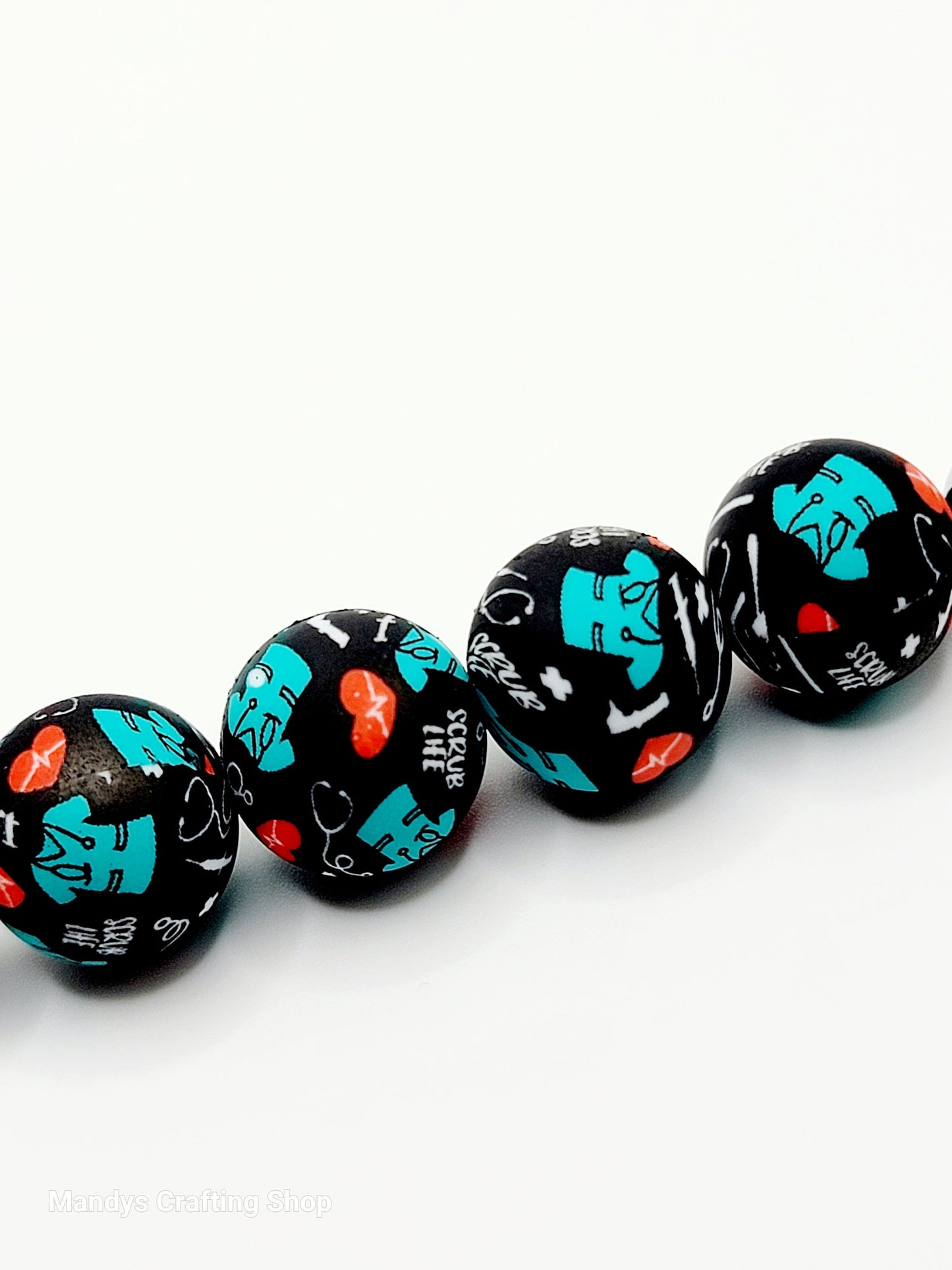 15mm Printed RN Nurse Beads (Black) - Nurse Scrub Medical Theme Silicone Round Spacer Bead for Pens & Wristlets
