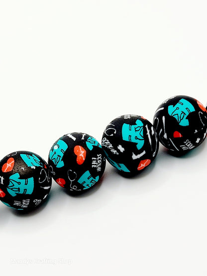 15mm Printed RN Nurse Beads (Black) - Nurse Scrub Medical Theme Silicone Round Spacer Bead for Pens & Wristlets