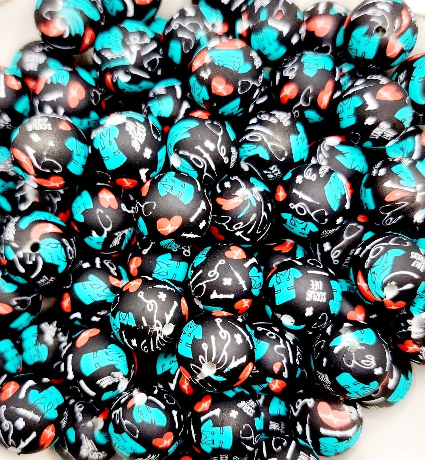 15mm Printed RN Nurse Beads (Black) - Nurse Scrub Medical Theme Silicone Round Spacer Bead for Pens & Wristlets