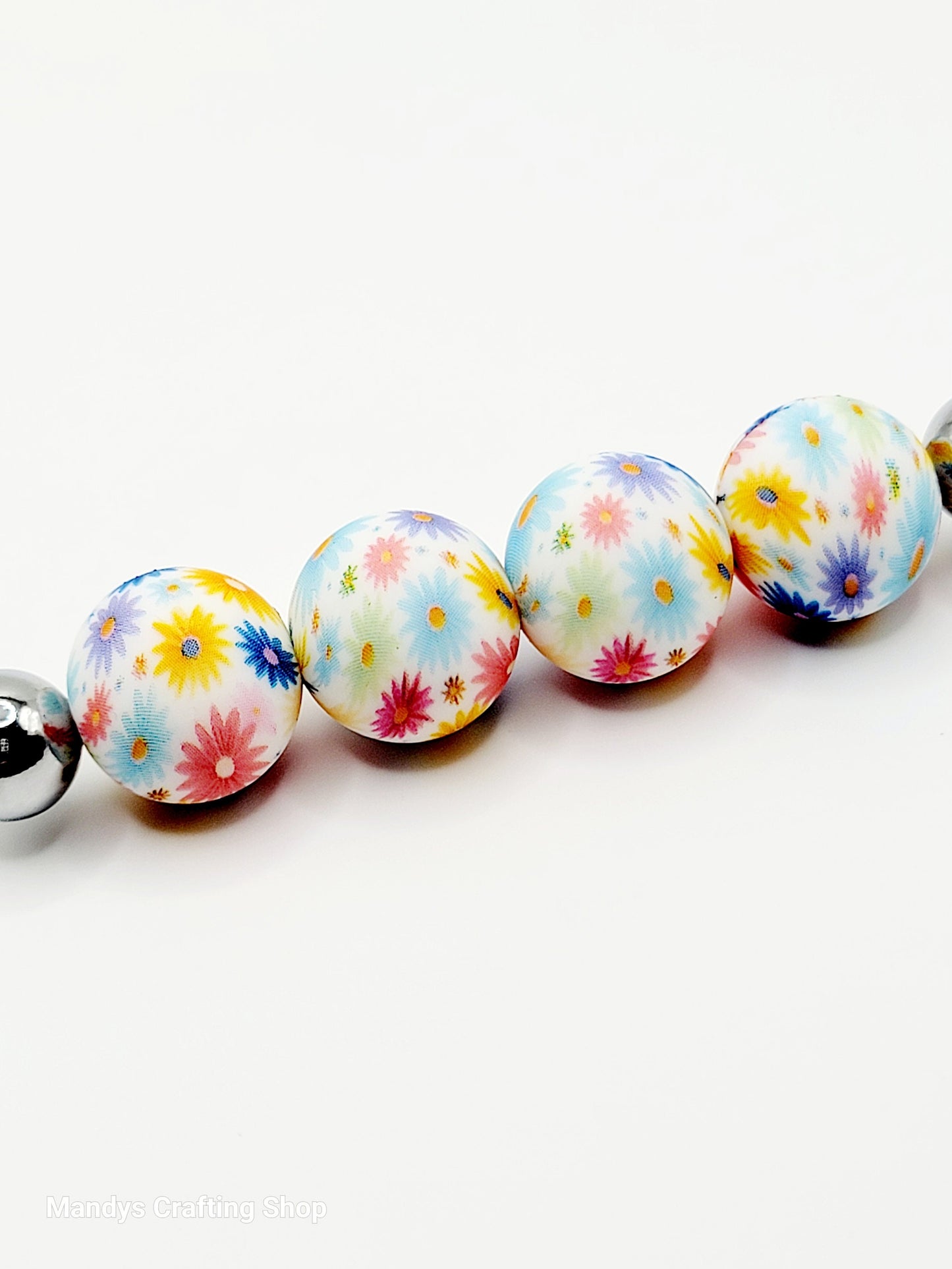 15mm Printed Pretty Rainbow Daisy Print Silicone Bead – Floral Round Beads for Pens & Wristlets