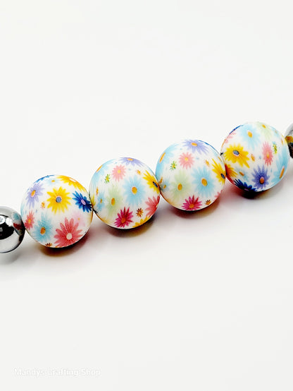 15mm Printed Pretty Rainbow Daisy Print Silicone Bead – Floral Round Beads for Pens & Wristlets