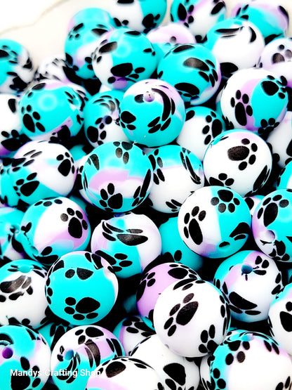 15mm Printed Turquoise, Purple & White Paw Print Silicone Beads – Round Dog Paw Print Beads for Pens & Wristlets