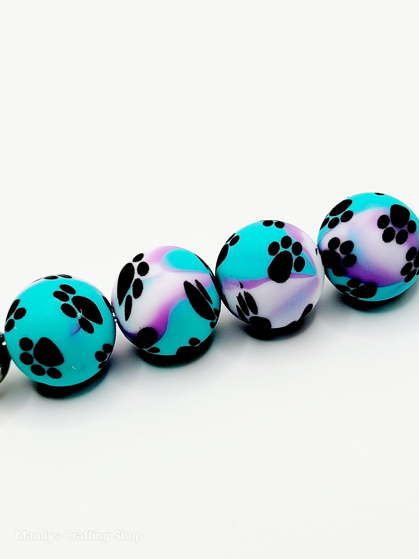 15mm Printed Turquoise, Purple & White Paw Print Silicone Beads – Round Dog Paw Print Beads for Pens & Wristlets