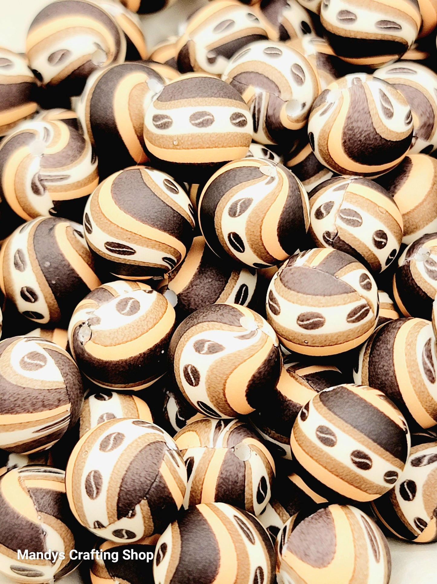 15mm Printed Coffee Bean Swirl Silicone Bead – Brown Round Beads for Pens & Wristlets
