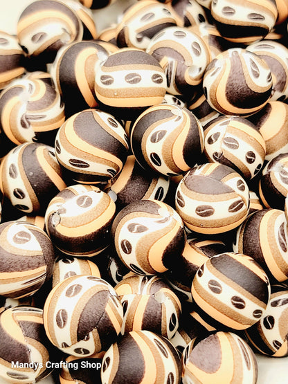 15mm Printed Coffee Bean Swirl Silicone Bead – Brown Round Beads for Pens & Wristlets