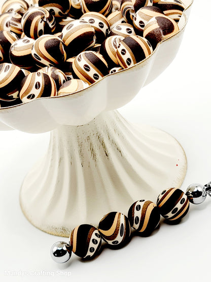 15mm Printed Coffee Bean Swirl Silicone Bead – Brown Round Beads for Pens & Wristlets