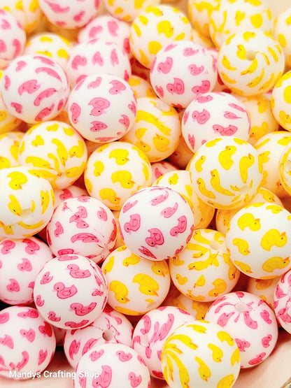 15mm Printed Duck Print Silicone Beads – Yellow Pink Round Duck-Themed Beads for Pens & Wristlets