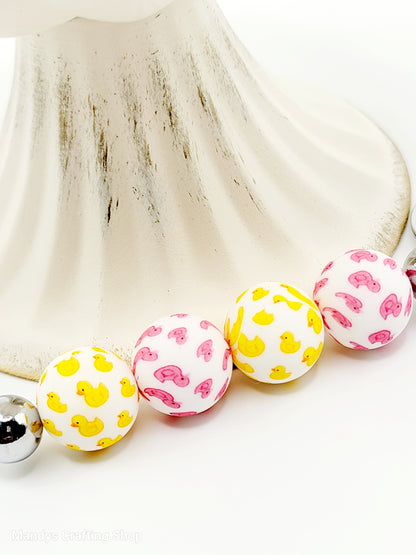 15mm Printed Duck Print Silicone Beads – Yellow Pink Round Duck-Themed Beads for Pens & Wristlets