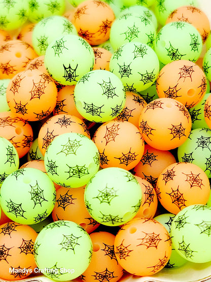 15mm Printed Halloween Spider Web Silicone Beads – Glow in the Dark Halloween Round Beads for Pens & Wristlets