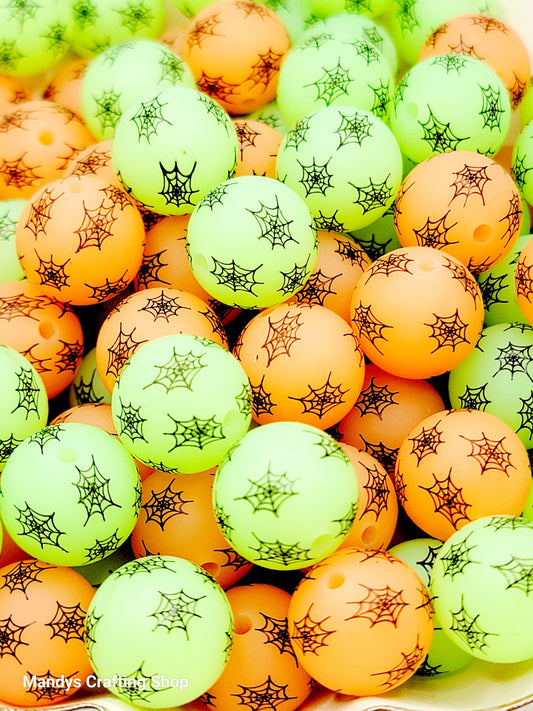 15mm Printed Halloween Spider Web Silicone Beads – Glow in the Dark Halloween Round Beads for Pens & Wristlets