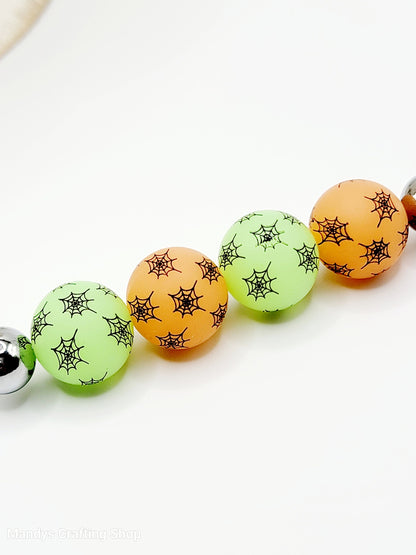 15mm Printed Halloween Spider Web Silicone Beads – Glow in the Dark Halloween Round Beads for Pens & Wristlets