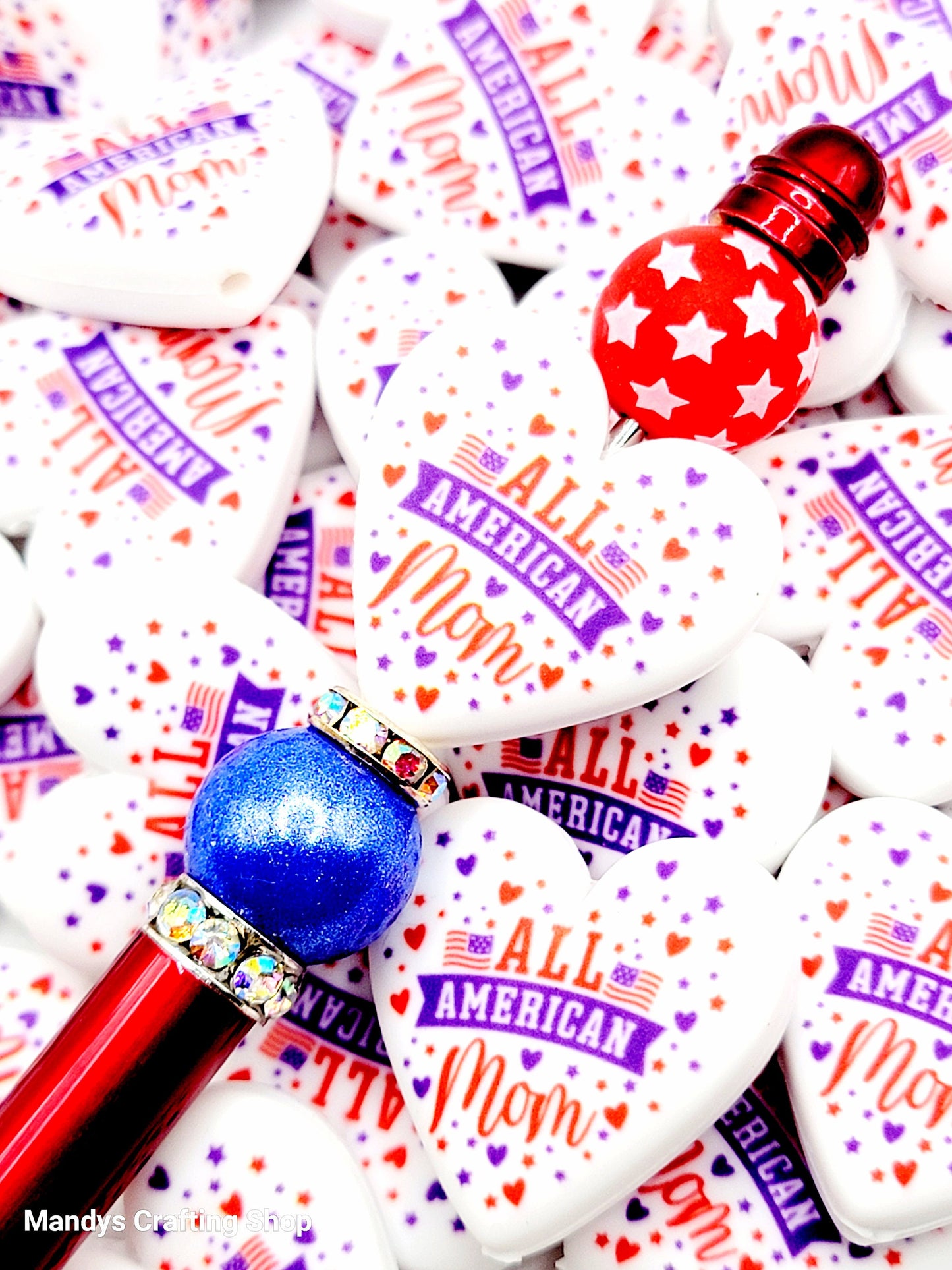 Patriotic American Mom Heart Focal Bead – Printed Silicone Independence Day Pen Bead (Set of 2)