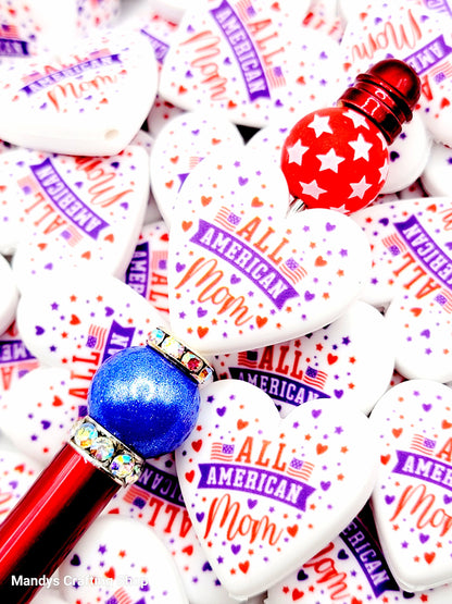 Patriotic American Mom Heart Focal Bead – Printed Silicone Independence Day Pen Bead (Set of 2)
