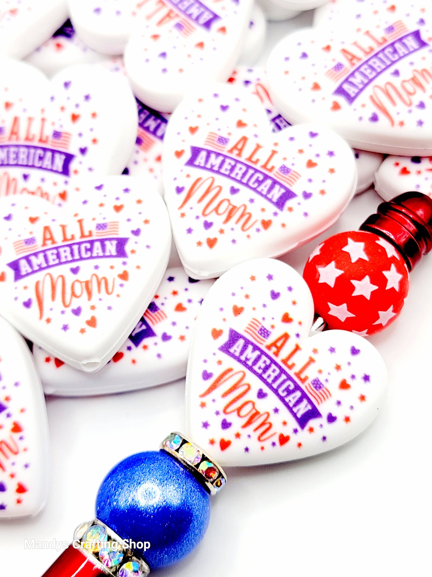 Patriotic American Mom Heart Focal Bead – Printed Silicone Independence Day Pen Bead (Set of 2)