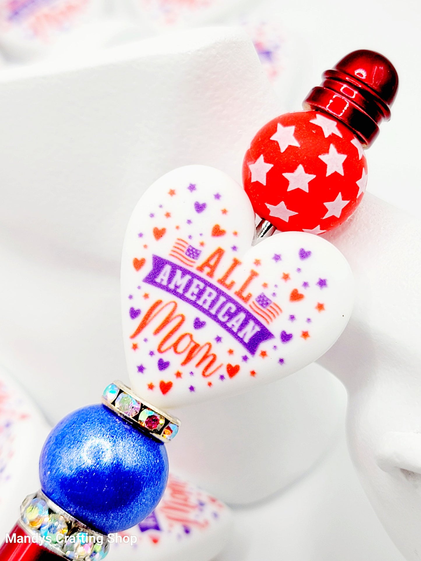 Patriotic American Mom Heart Focal Bead – Printed Silicone Independence Day Pen Bead (Set of 2)