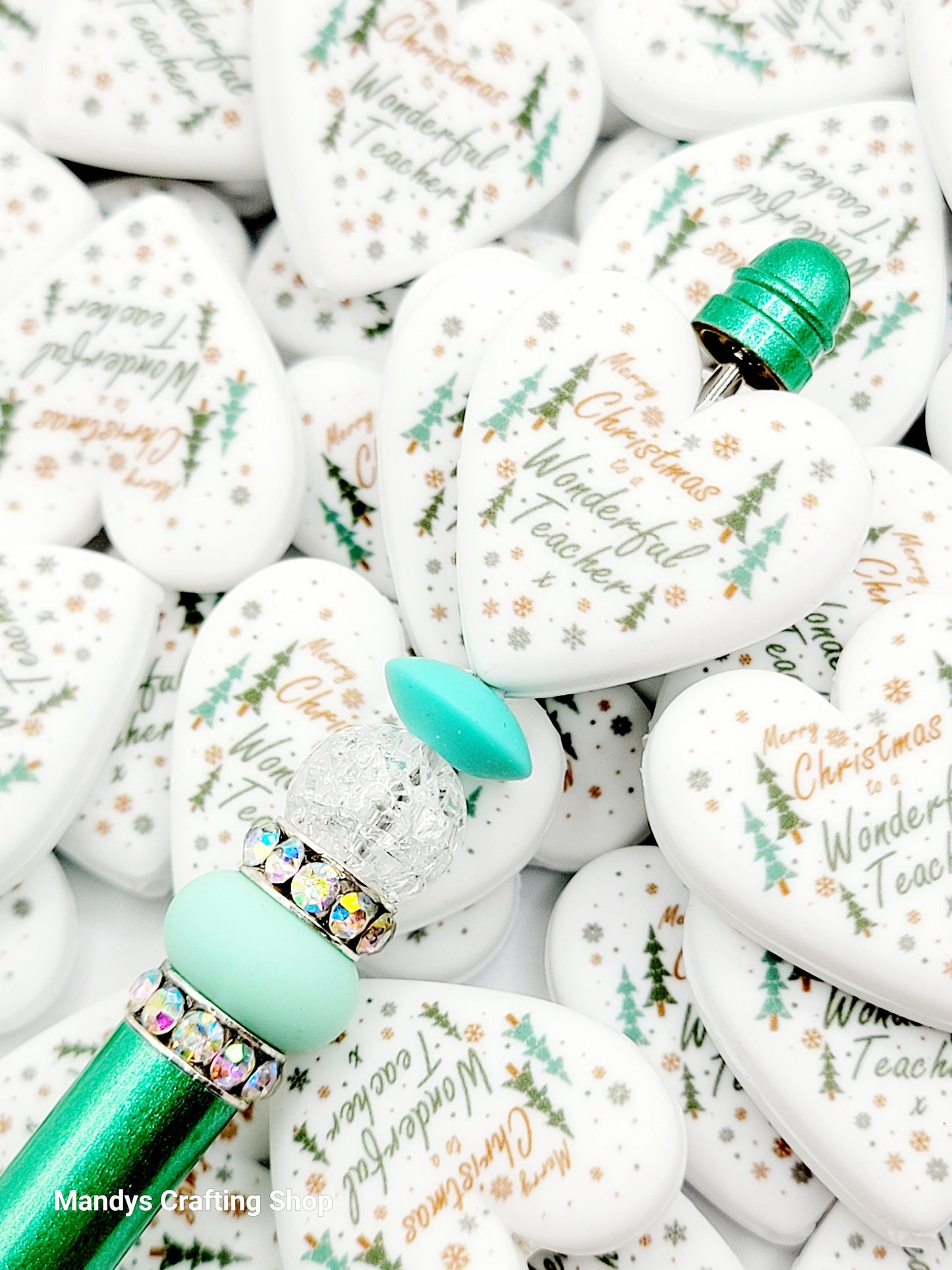 Teacher Christmas Heart Focal Bead – Printed Silicone Holiday Pen & Lanyard Bead (Set of 2)