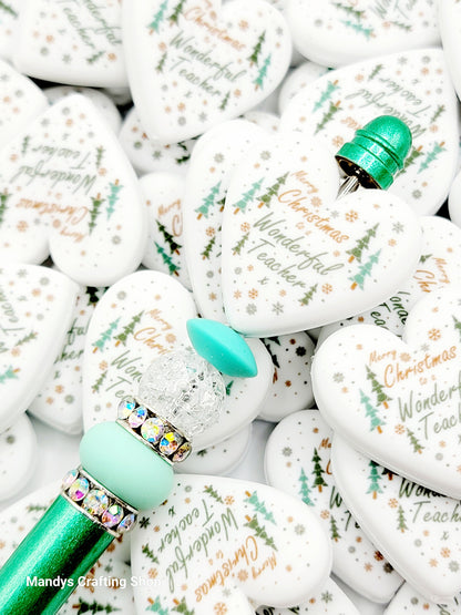Teacher Christmas Heart Focal Bead – Printed Silicone Holiday Pen & Lanyard Bead (Set of 2)