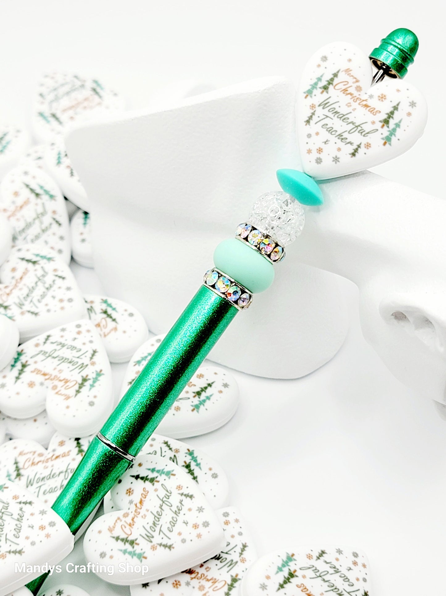 Teacher Christmas Heart Focal Bead – Printed Silicone Holiday Pen & Lanyard Bead (Set of 2)