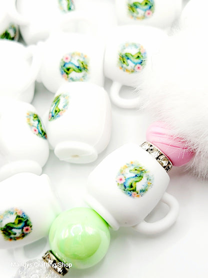 Floral Green Dragon 3D Cup Silicone Focal Bead – 3D Dragon Pen & Keychain Bead (Set of 1, 2 or 5)