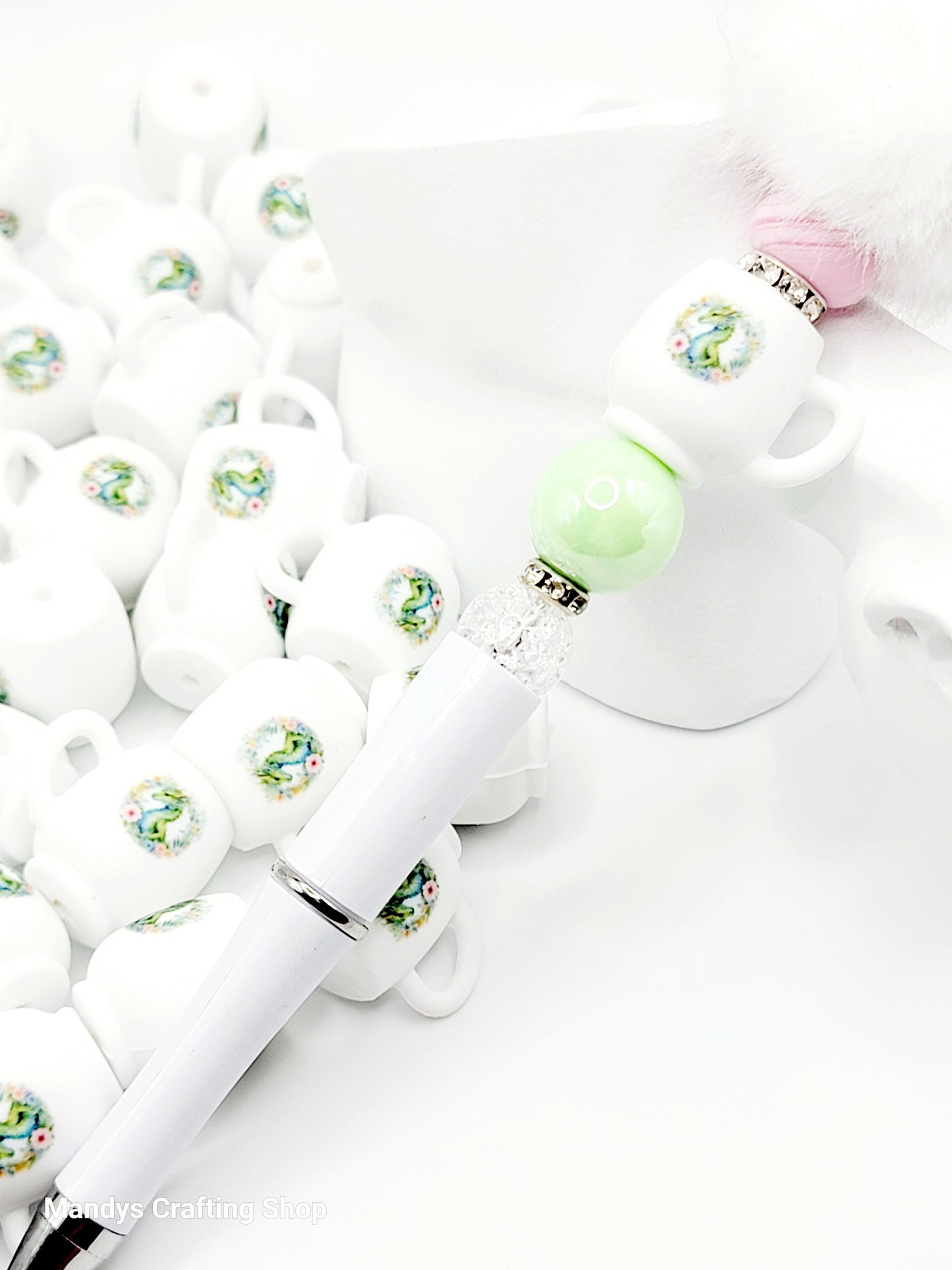 Floral Green Dragon 3D Cup Silicone Focal Bead – 3D Dragon Pen & Keychain Bead (Set of 1, 2 or 5)