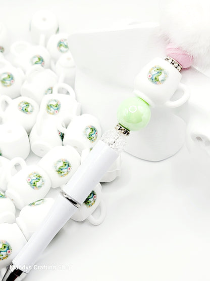 Floral Green Dragon 3D Cup Silicone Focal Bead – 3D Dragon Pen & Keychain Bead (Set of 1, 2 or 5)