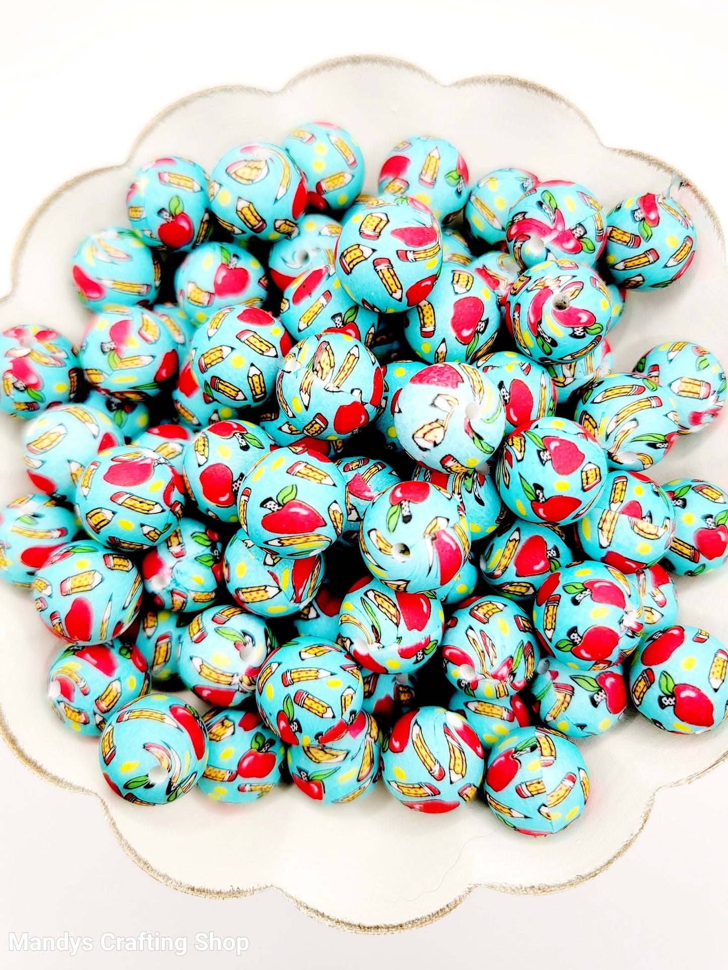 15mm Printed School Apple Silicone Beads – Round Teacher Beads for Pens & Wristlets