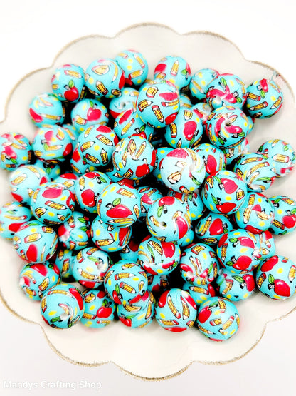 15mm Printed School Apple Silicone Beads – Round Teacher Beads for Pens & Wristlets