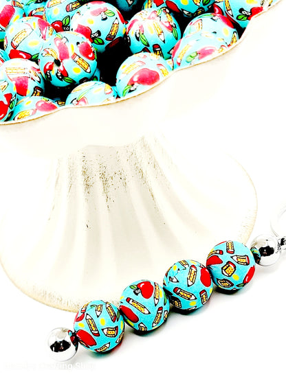 15mm Printed School Apple Silicone Beads – Round Teacher Beads for Pens & Wristlets