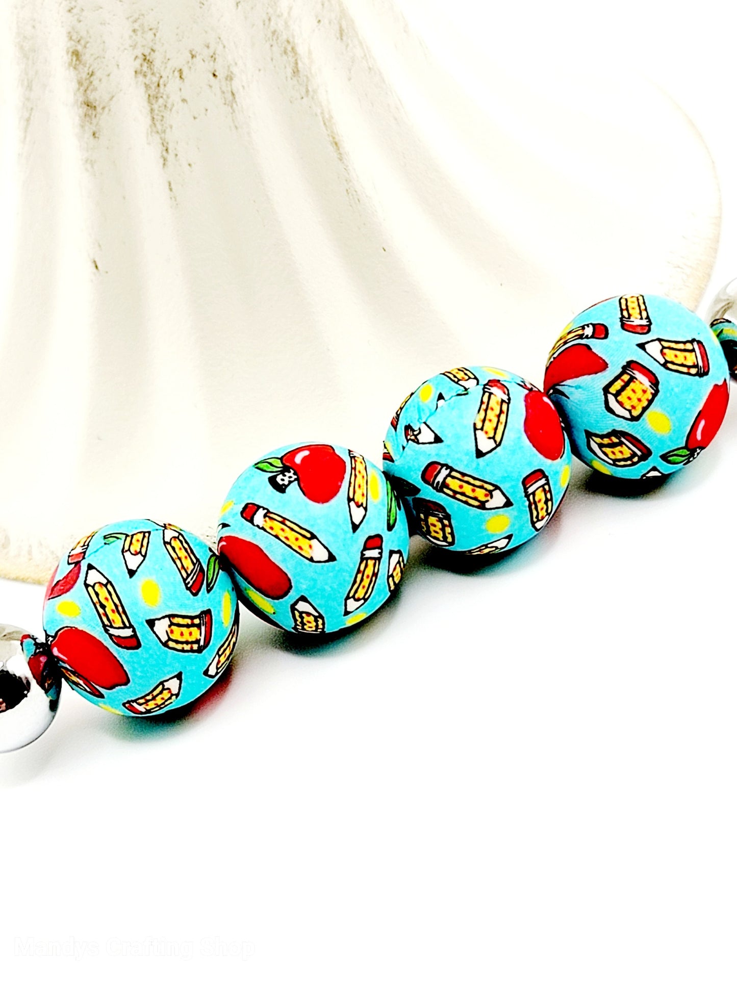 15mm Printed School Apple Silicone Beads – Round Teacher Beads for Pens & Wristlets