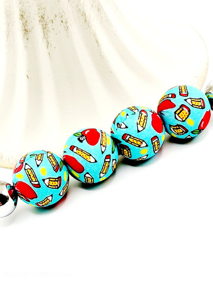 15mm Printed School Apple Silicone Beads – Round Teacher Beads for Pens & Wristlets