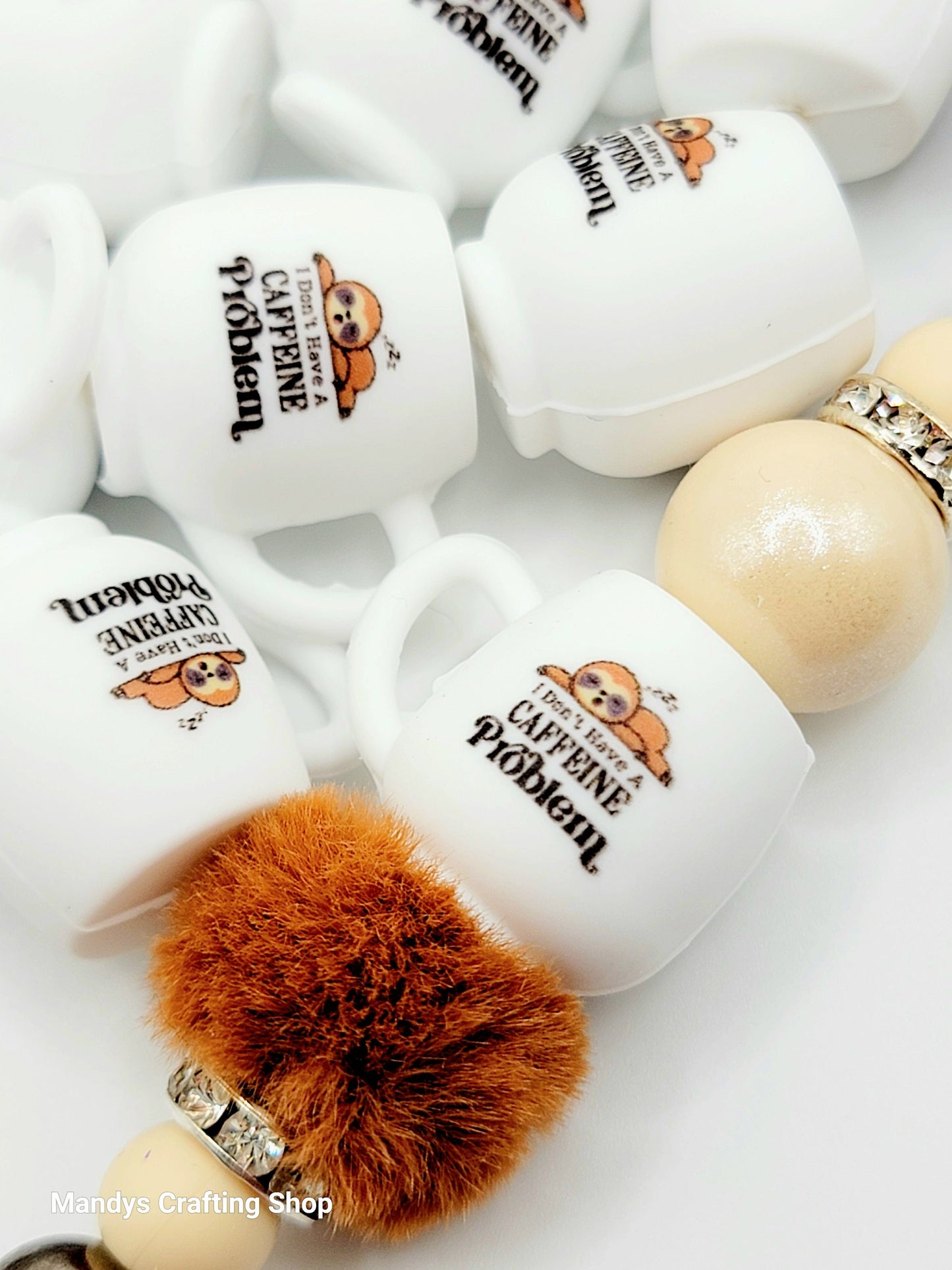 Sleeping Sloth Coffee Cup Silicone Focal Bead – Cute 3D Mug Pen Bead (Set of 1, 2 or 5)