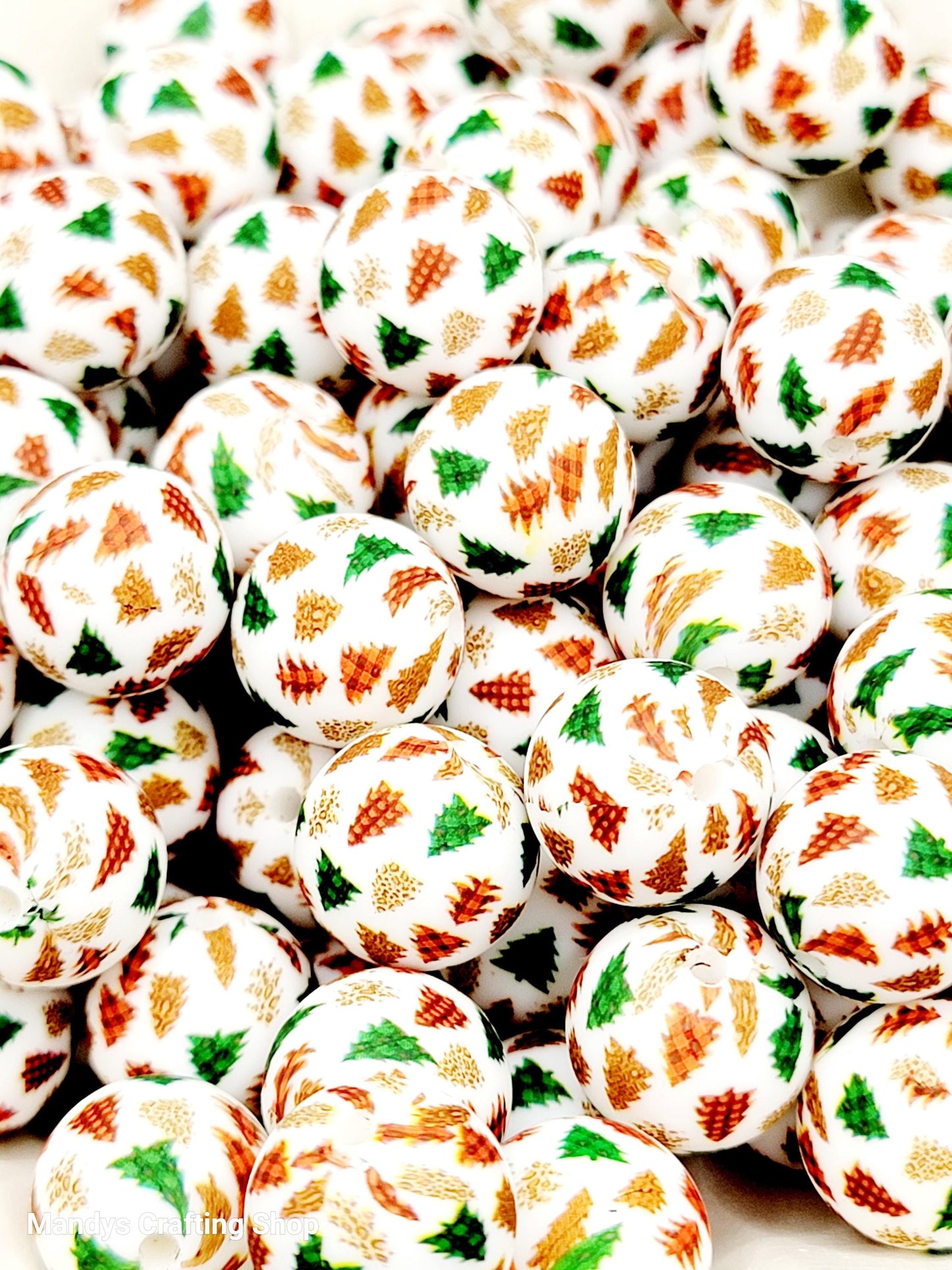 15mm Printed Christmas Tree Print Silicone Beads – Round Holiday Christmas Beads for Pens & Wristlets