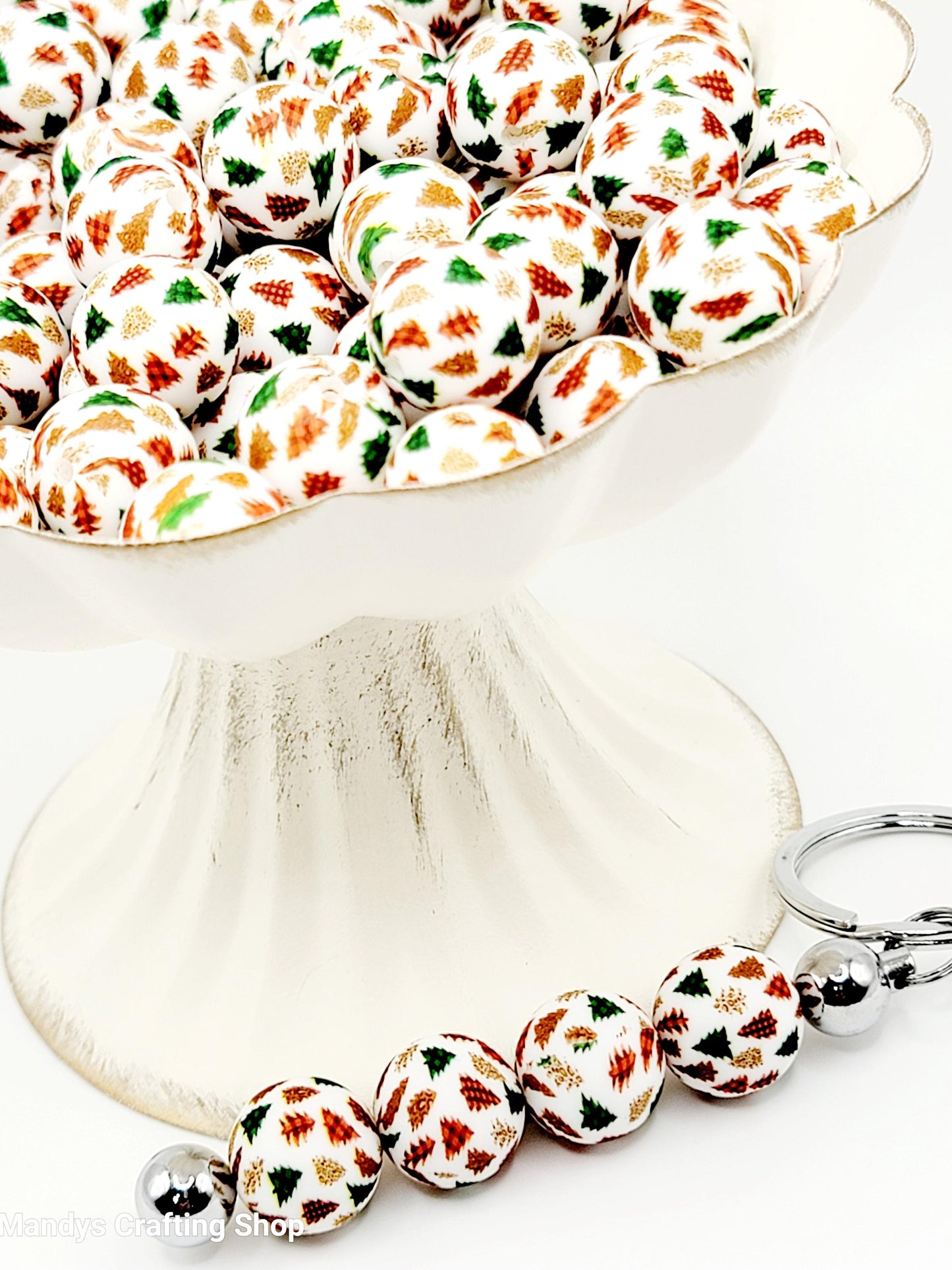 15mm Printed Christmas Tree Print Silicone Beads – Round Holiday Christmas Beads for Pens & Wristlets