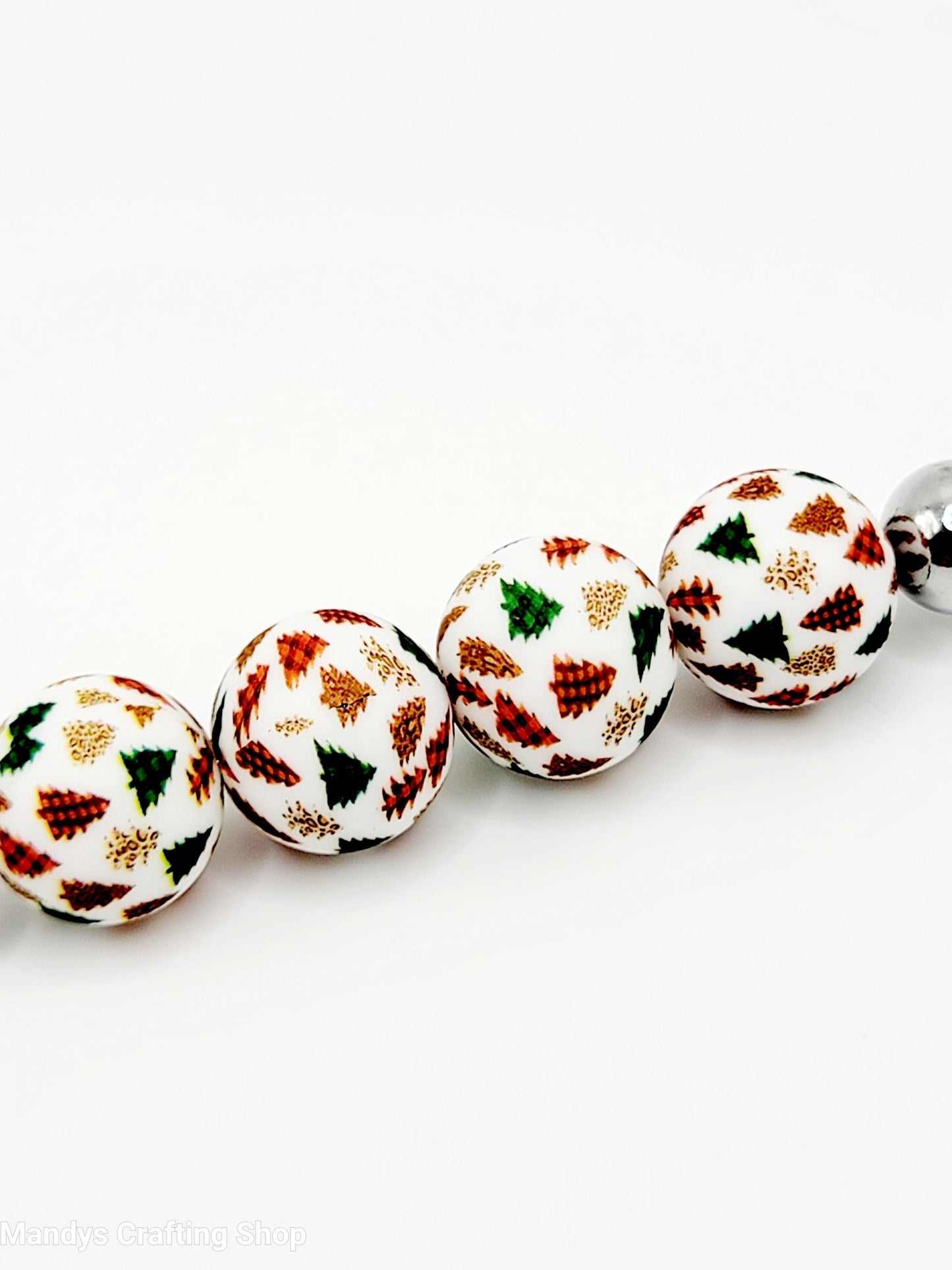 15mm Printed Christmas Tree Print Silicone Beads – Round Holiday Christmas Beads for Pens & Wristlets
