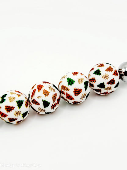 15mm Printed Christmas Tree Print Silicone Beads – Round Holiday Christmas Beads for Pens & Wristlets