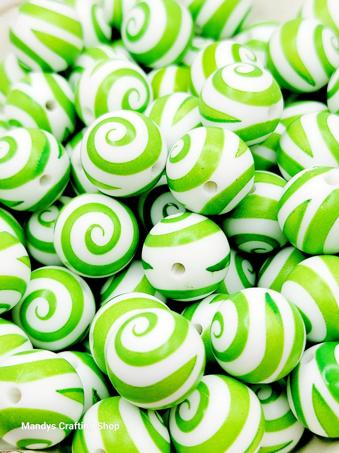 15mm Bright Green & White Printed Round Pen Beads - Christmas & St. Patrick’s Day Silicone Round Spacer Beads