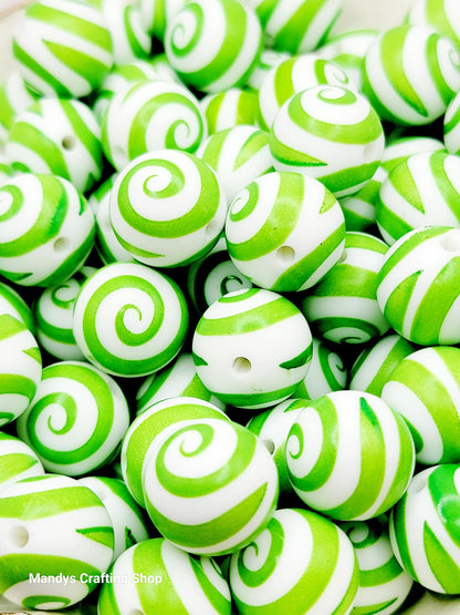 15mm Bright Green & White Printed Round Pen Beads - Christmas & St. Patrick’s Day Silicone Round Spacer Beads