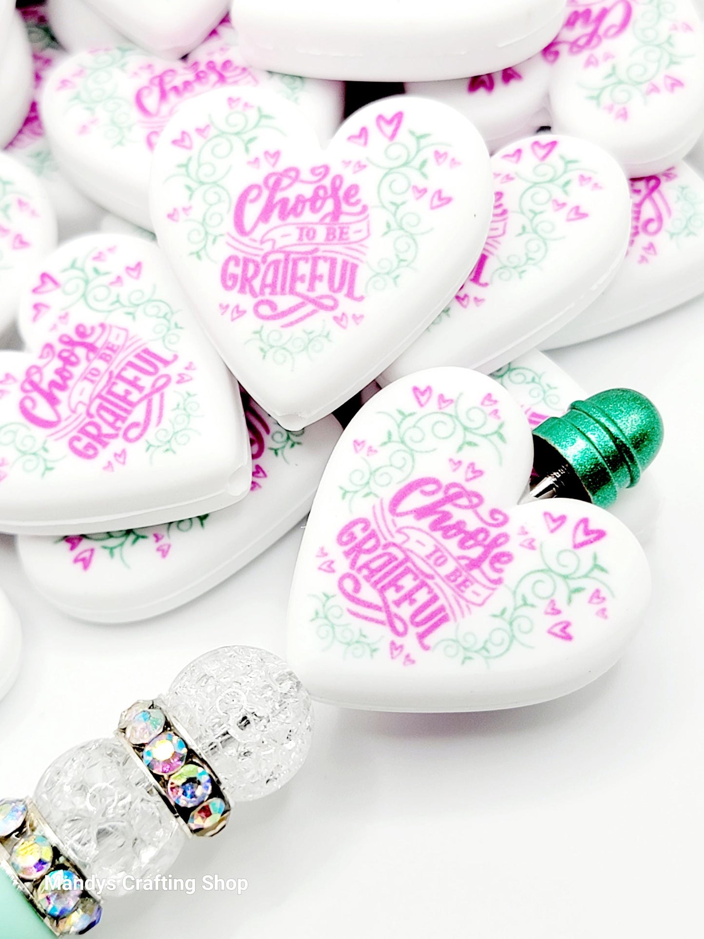 Choose to Be Grateful Heart Focal Bead – Inspirational Printed Silicone Pen Bead (Set of 2)