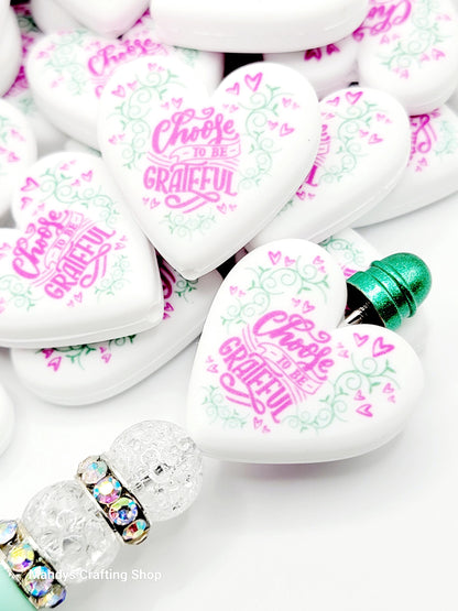 Choose to Be Grateful Heart Focal Bead – Inspirational Printed Silicone Pen Bead (Set of 2)