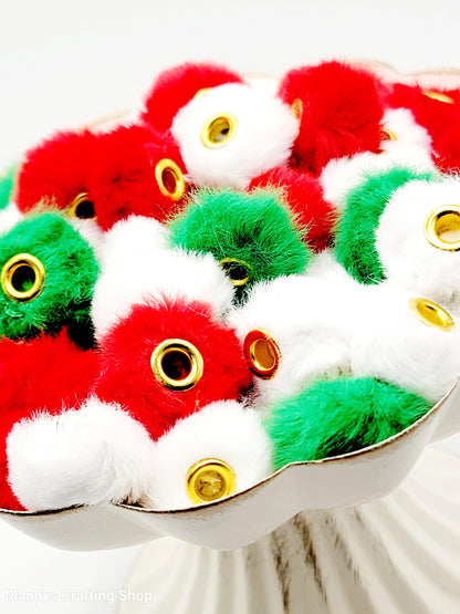 Christmas Mix Faux Fur Pom Pom Beads – Red, Green & White Fuzzy Spacer Beads for Pens & DIY Crafts (Set of 10)
