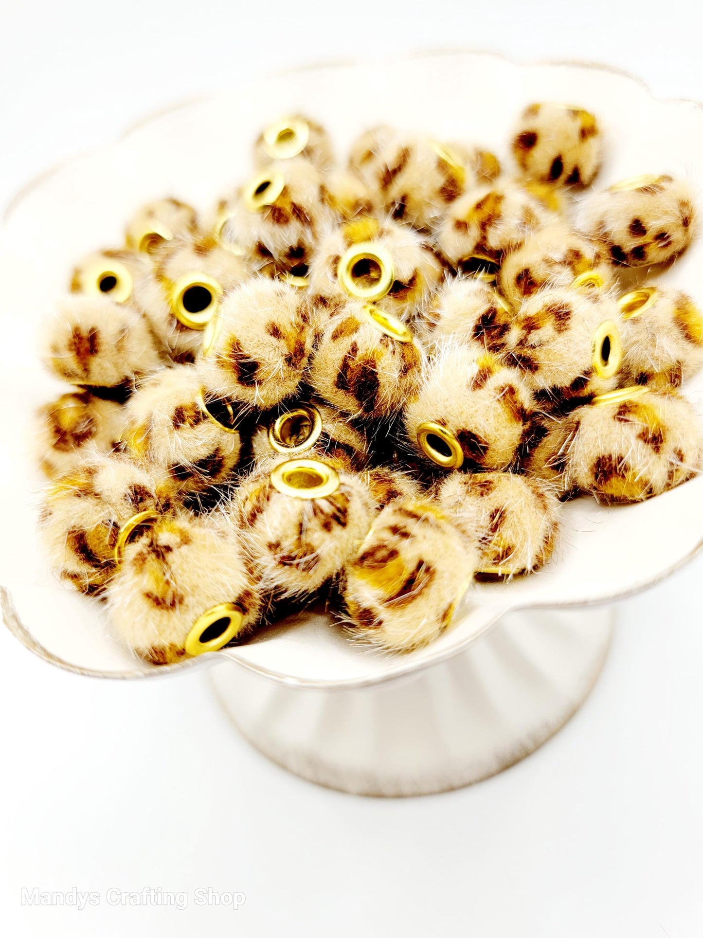 Light Brown Leopard Print Fuzzy Beads – Furry Pom Pom Spacer Beads for DIY Crafts (Set of 5)