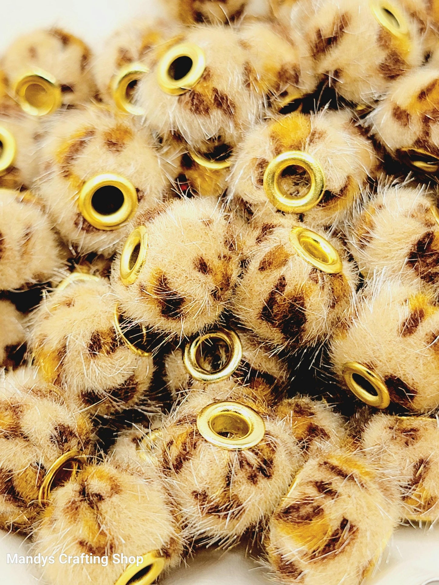 Light Brown Leopard Print Fuzzy Beads – Furry Pom Pom Spacer Beads for DIY Crafts (Set of 5)