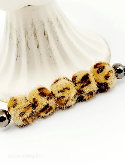 Light Brown Leopard Print Fuzzy Beads – Furry Pom Pom Spacer Beads for DIY Crafts (Set of 5)