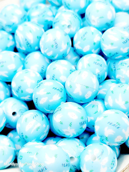 15mm Printed Blue Peace Dove Christmas Silicone Beads – Round Holiday Spacer Beads for Pens & Wristlets
