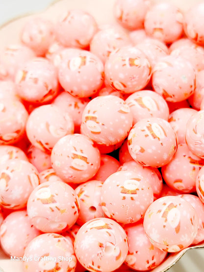 15mm Printed Pink Santa Print Silicone Beads – Santa Christmas Round Beads for Pens & Wristlets