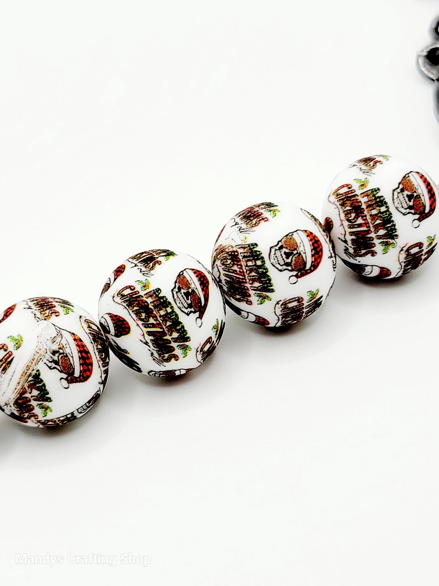 15mm Printed Merry Christmas Santa Skull Silicone Beads – Christms Theme Round Spacer Beads for Pens & Wristlets