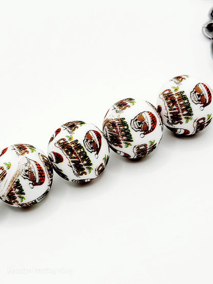 15mm Printed Merry Christmas Santa Skull Silicone Beads – Christms Theme Round Spacer Beads for Pens & Wristlets