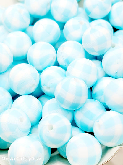 15mm Printed Blue & White Picnic Cloth Print Silicone Bead – Checkered Blue Beads for Pens & Wristlets