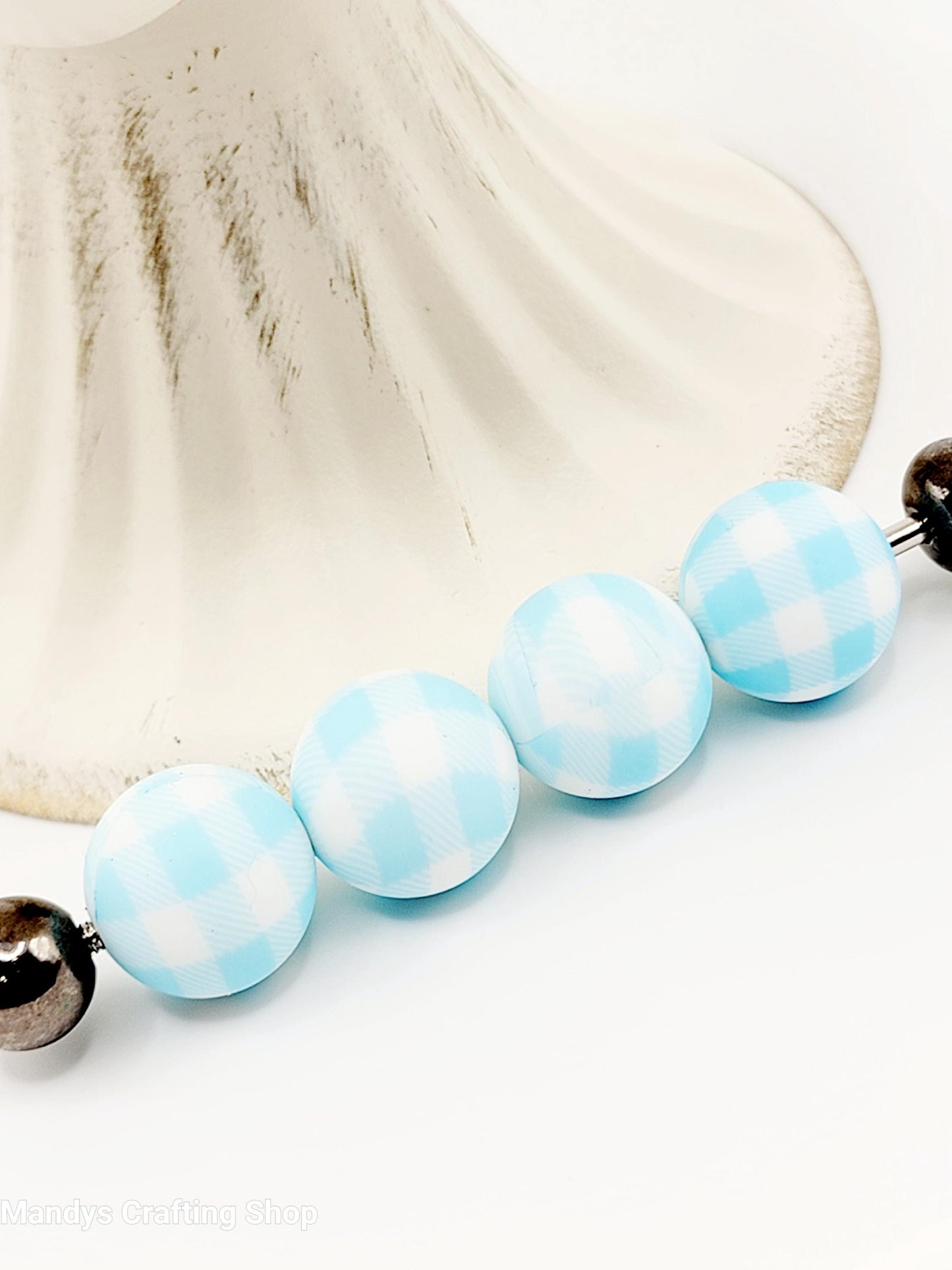 15mm Printed Blue & White Picnic Cloth Print Silicone Bead – Checkered Blue Beads for Pens & Wristlets