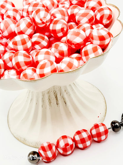 15mm Printed Red & White Picnic Cloth Print Silicone Bead – 15mm Round Red Beads for Pens & Wristlets